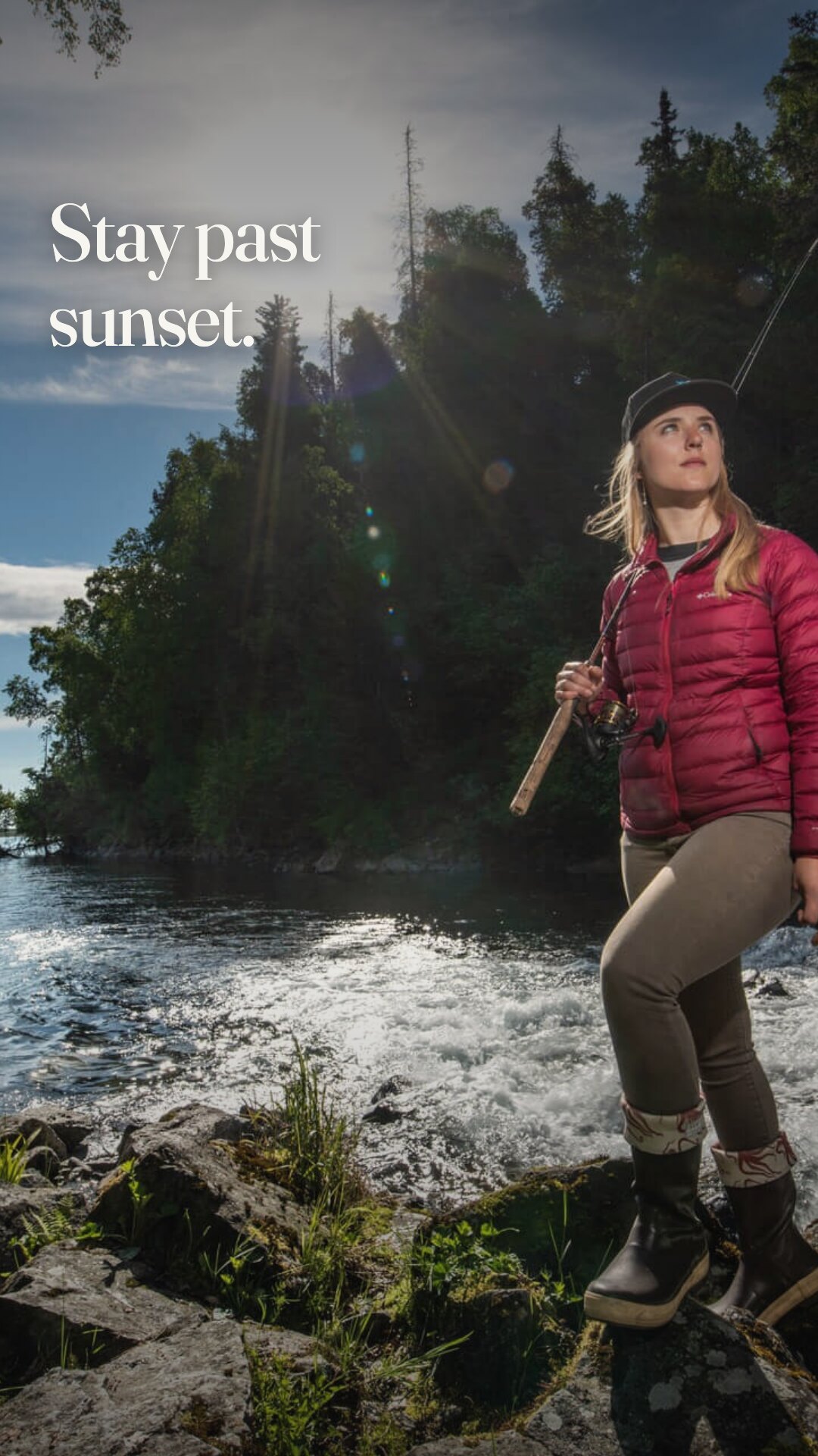 Ad: couple with salmon at a waterfall, hook beats another dinner date (vertical version)