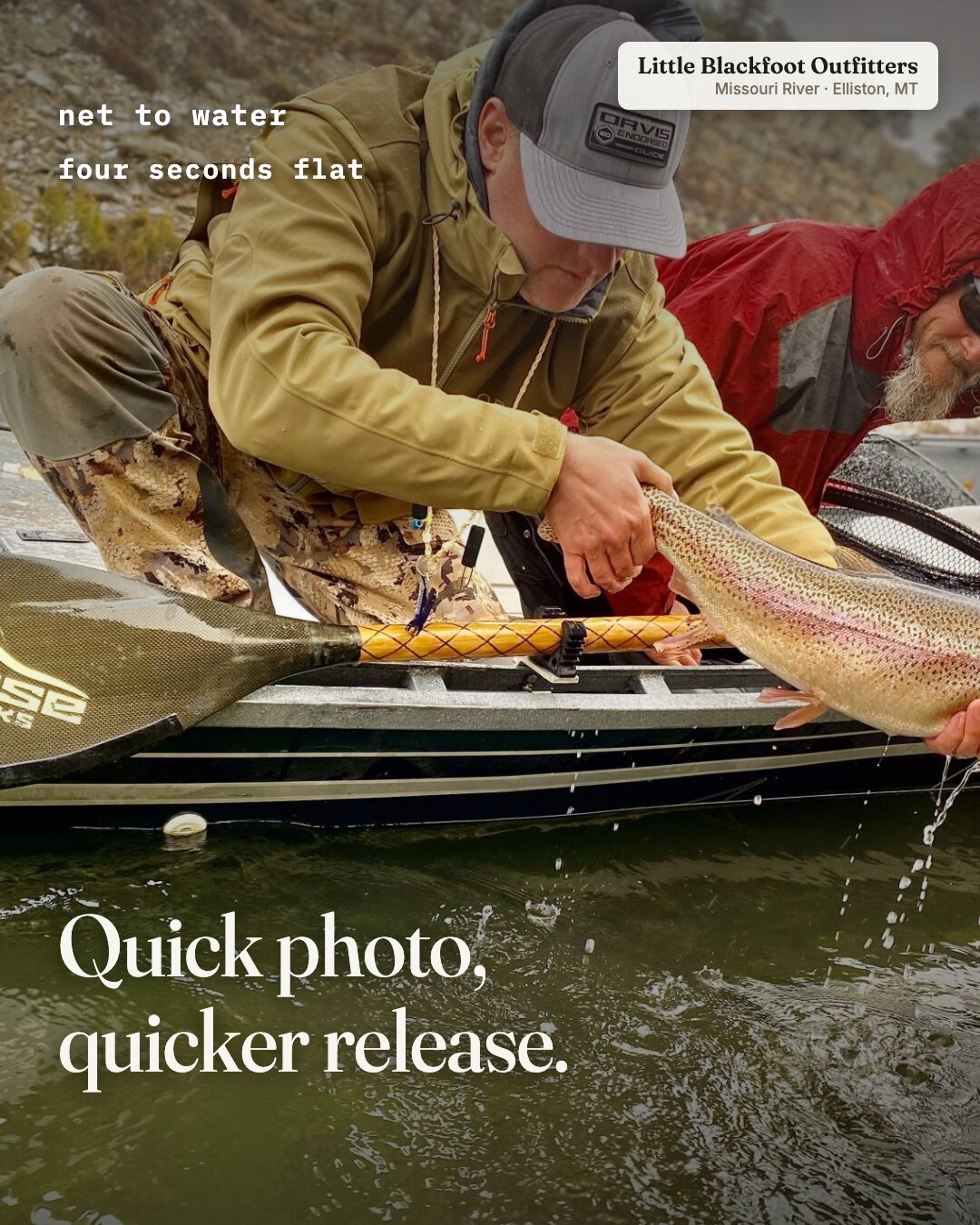 Ad: boat-side trout release, hook quick photo quicker release