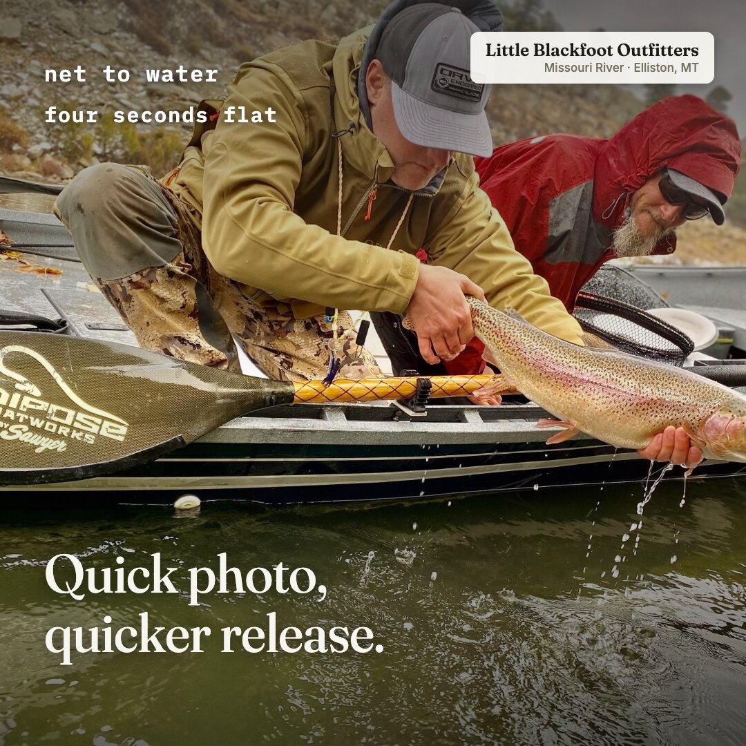 Ad: boat-side trout release, hook quick photo quicker release (square version)