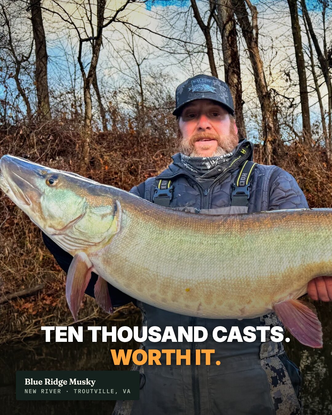 Ad: angler holding a giant musky, hook ten thousand casts worth it