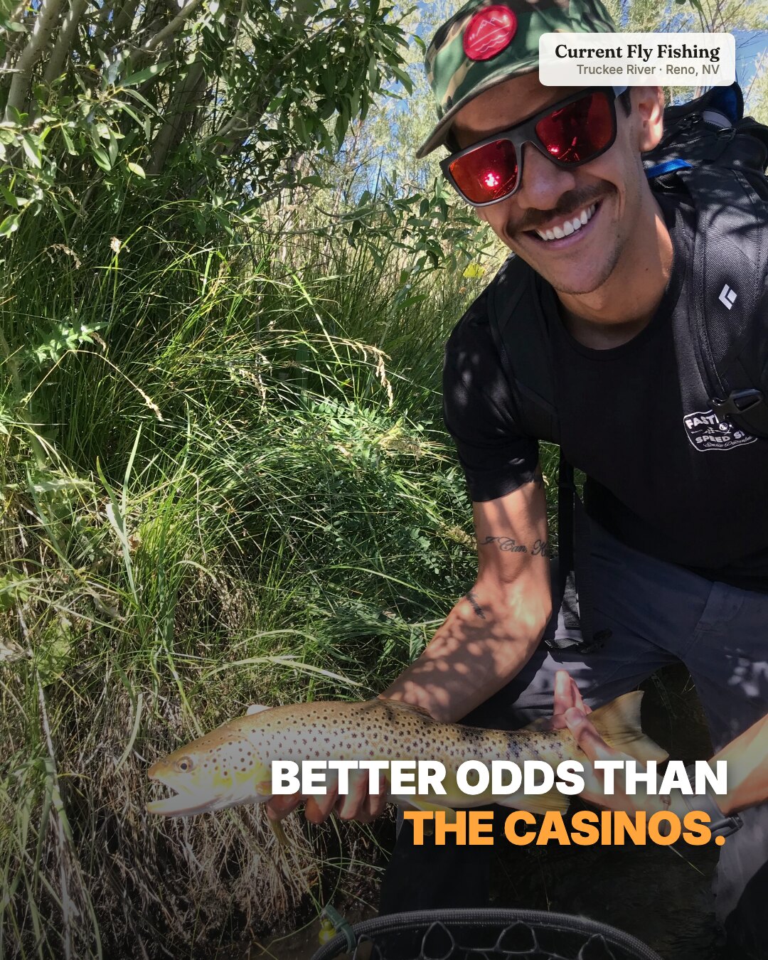 Ad: grinning angler with a brown trout, hook better odds than the casinos