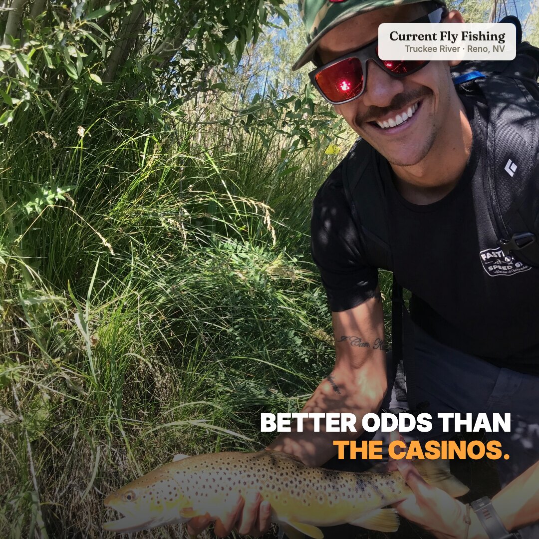 Ad: grinning angler with a brown trout, hook better odds than the casinos (square version)