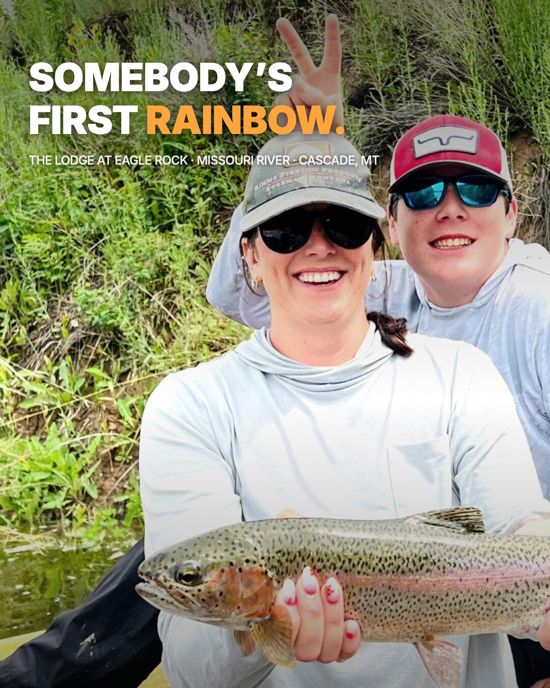 Ad: mom and kid with a rainbow trout, hook somebody's first rainbow