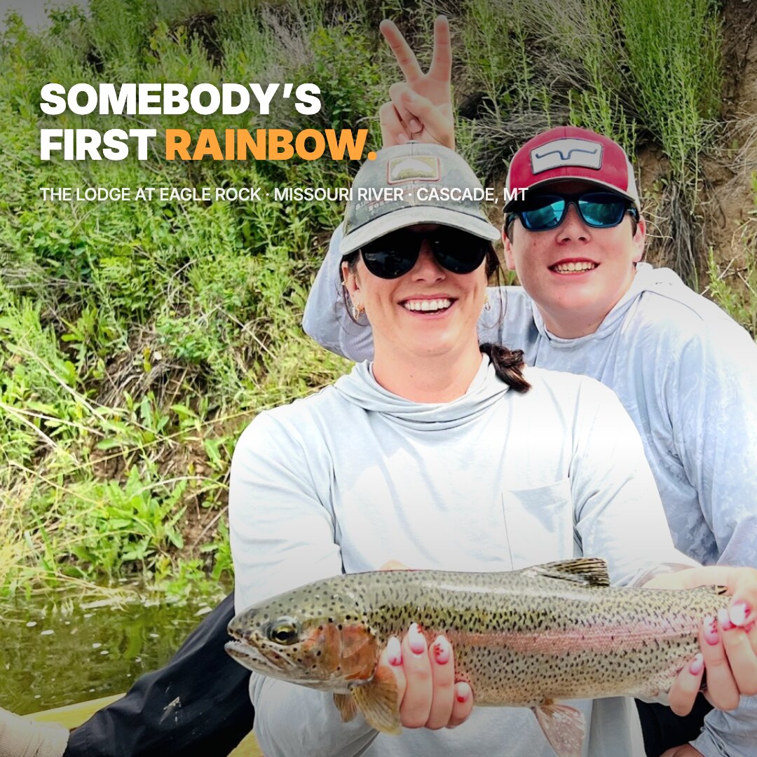 Ad: mom and kid with a rainbow trout, hook somebody's first rainbow (square version)