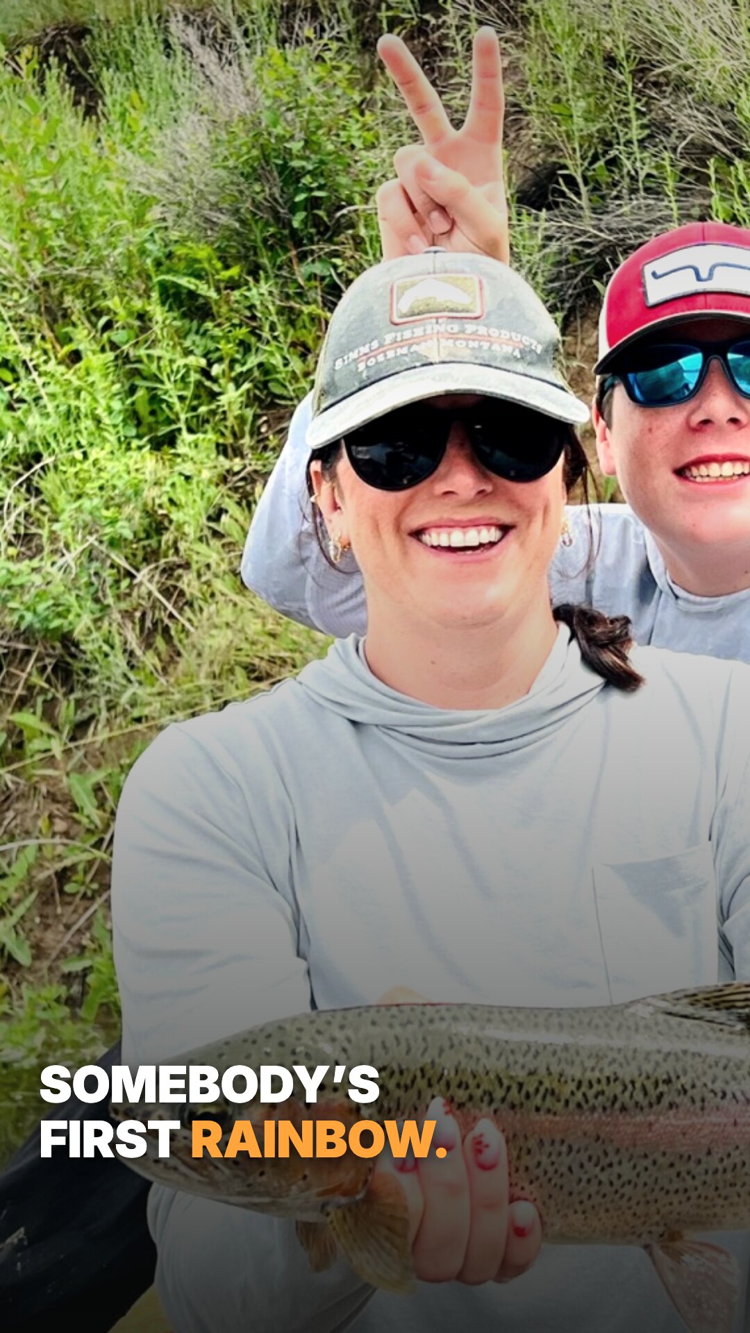 Ad: mom and kid with a rainbow trout, hook somebody's first rainbow (vertical version)