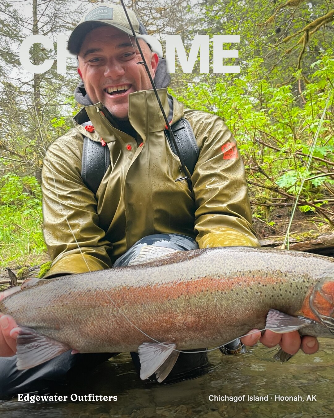 Ad: type interlock CHROME behind a soaked guide holding a steelhead