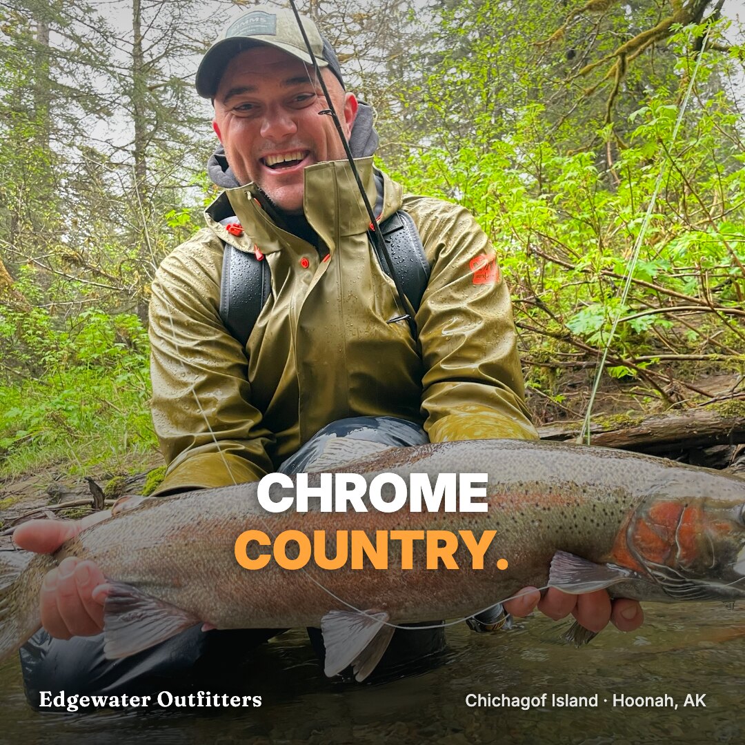 Ad: type interlock CHROME behind a soaked guide holding a steelhead (square version)