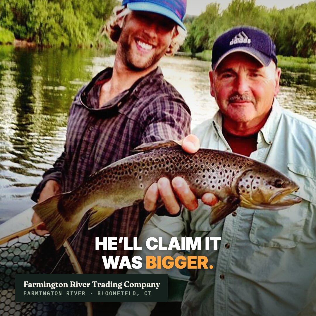 Ad: two friends holding a brown trout, hook he'll claim it was bigger (square version)