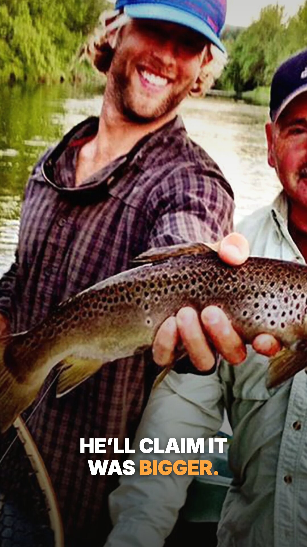 Ad: two friends holding a brown trout, hook he'll claim it was bigger (vertical version)