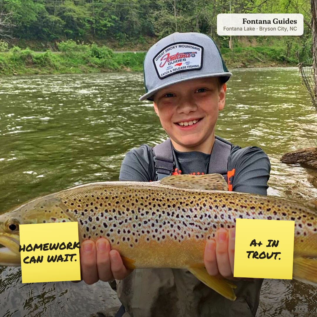 Ad: kid with a brown trout and sticky notes homework can wait a plus in trout (square version)