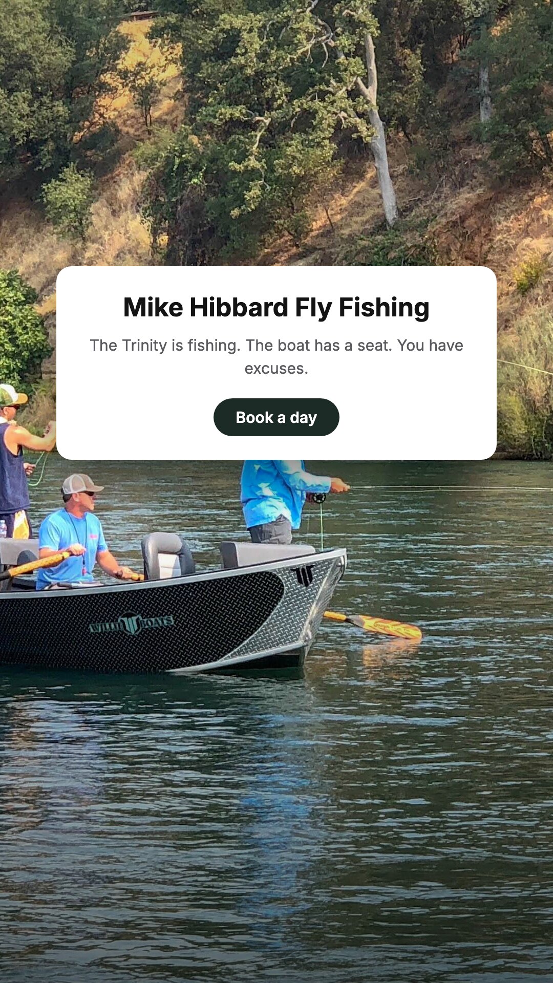 Story ad: white booking card over a drift boat scene for Mike Hibbard Fly Fishing