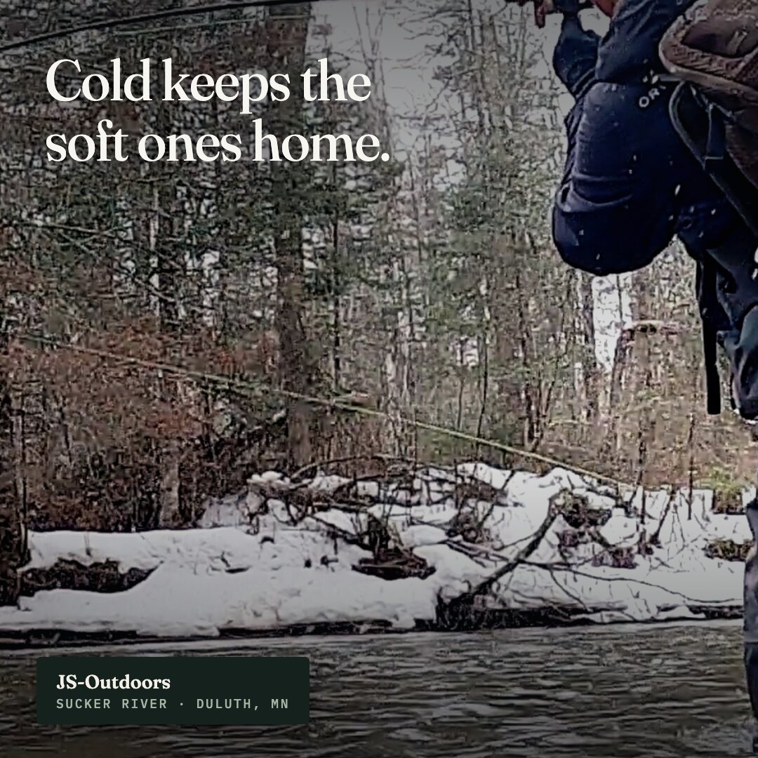 Ad: winter angler in snow, hook cold keeps the soft ones home (square version)