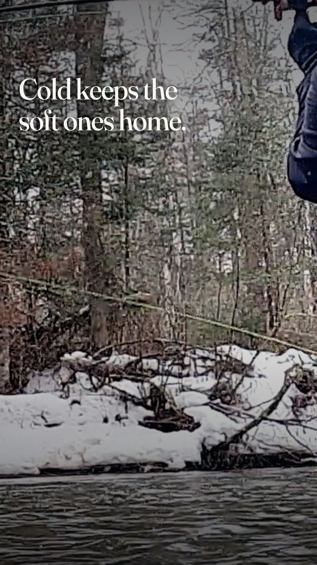 Ad: winter angler in snow, hook cold keeps the soft ones home (vertical version)