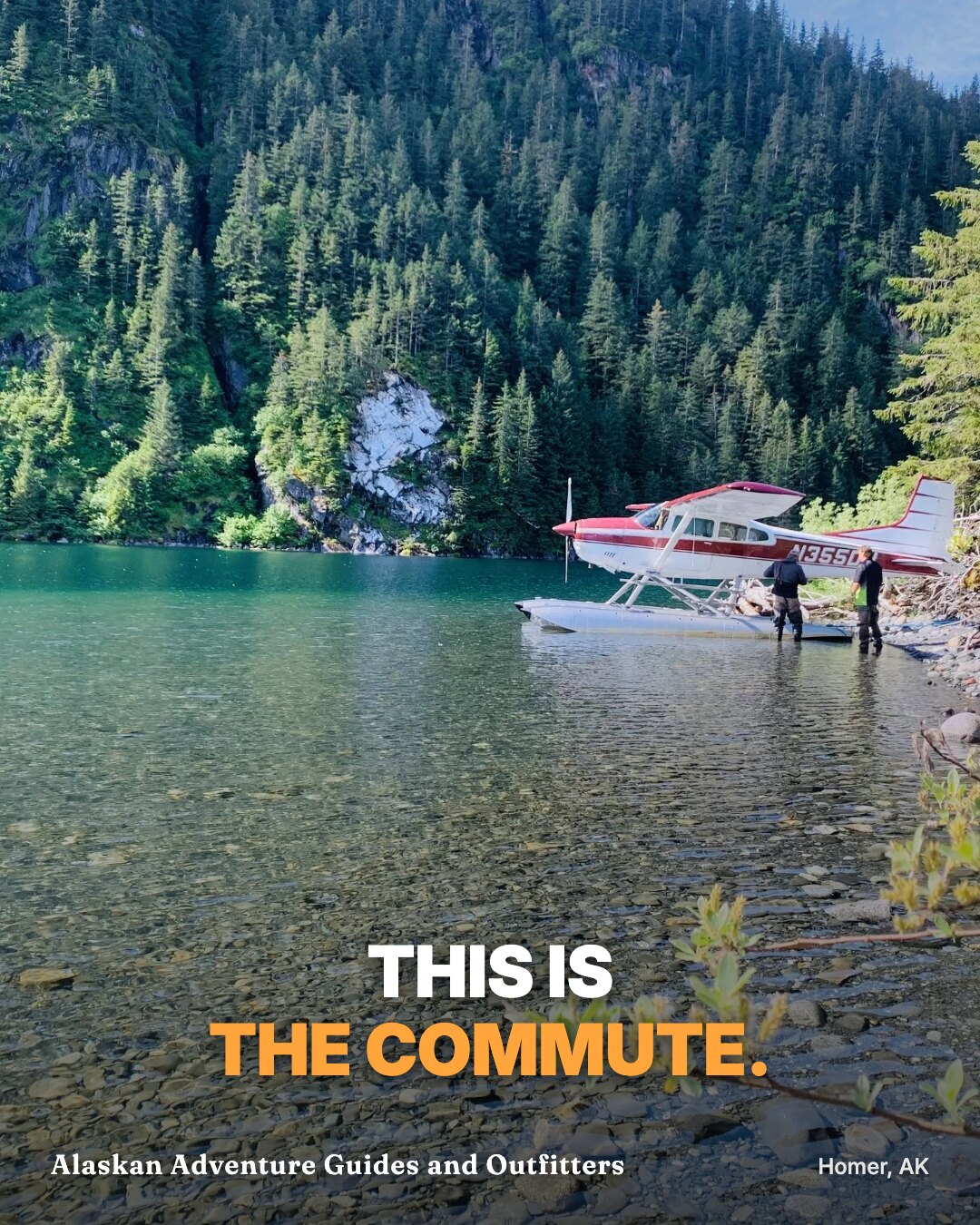 Ad: floatplane on a jewel-green cove, hook this is the commute