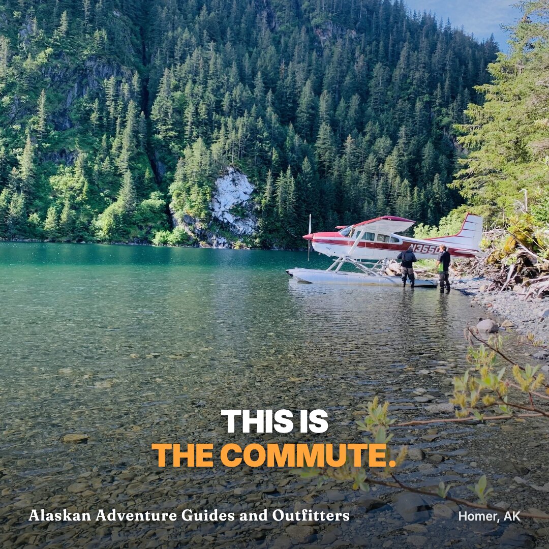 Ad: floatplane on a jewel-green cove, hook this is the commute (square version)