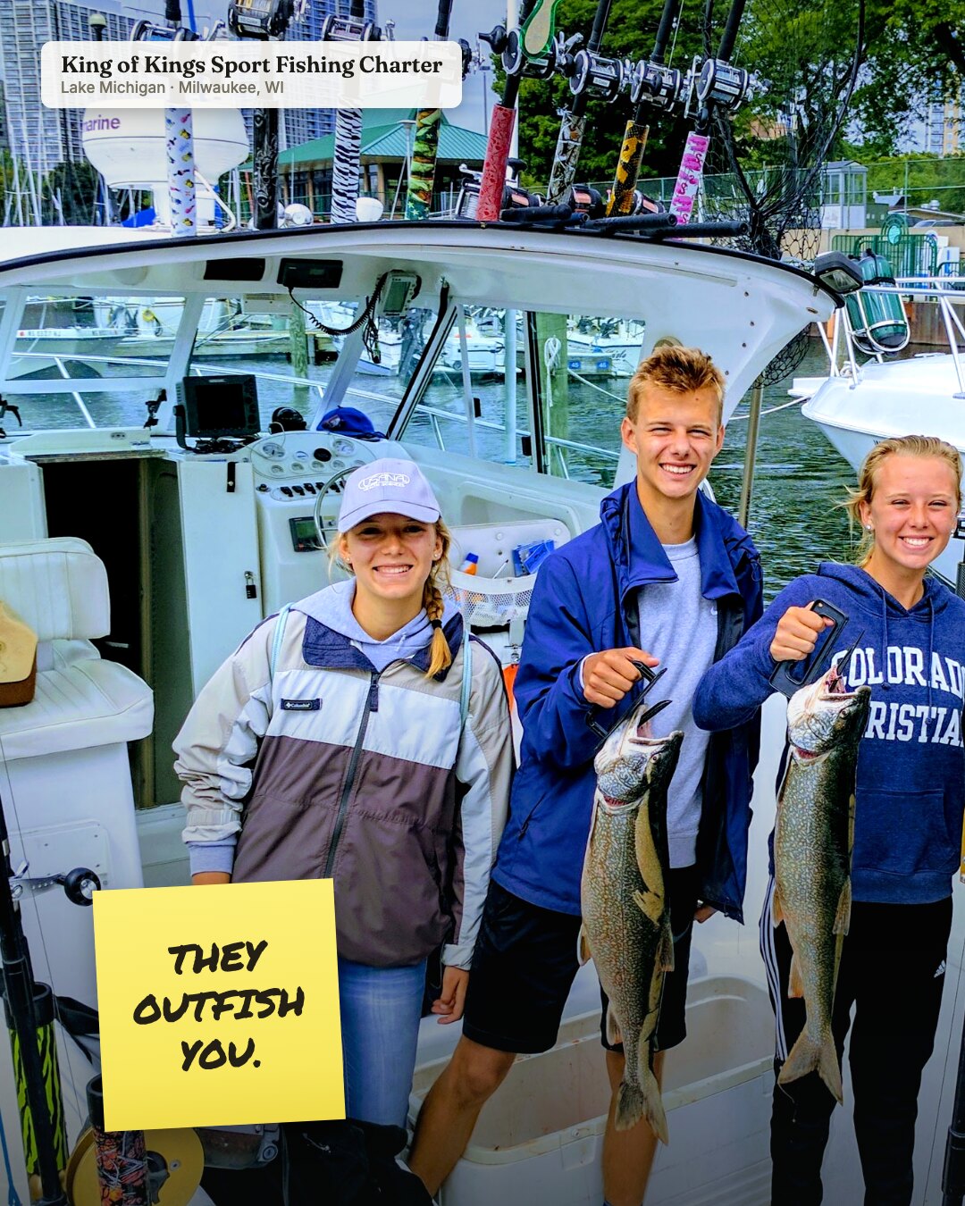 Ad: three kids on a charter boat with salmon and sticky notes no wifi out here nobody noticed