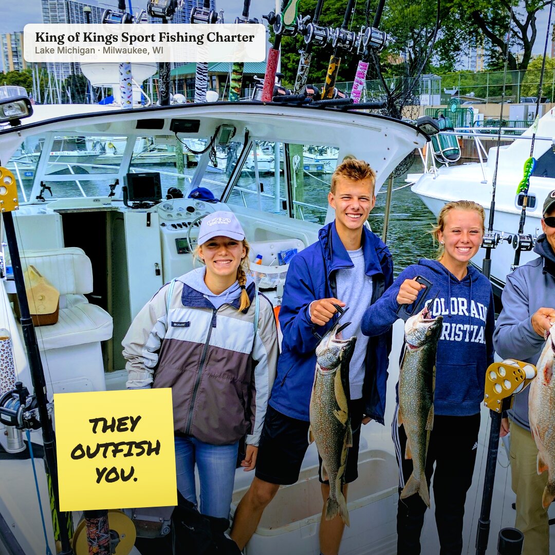 Ad: three kids on a charter boat with salmon and sticky notes no wifi out here nobody noticed (square version)