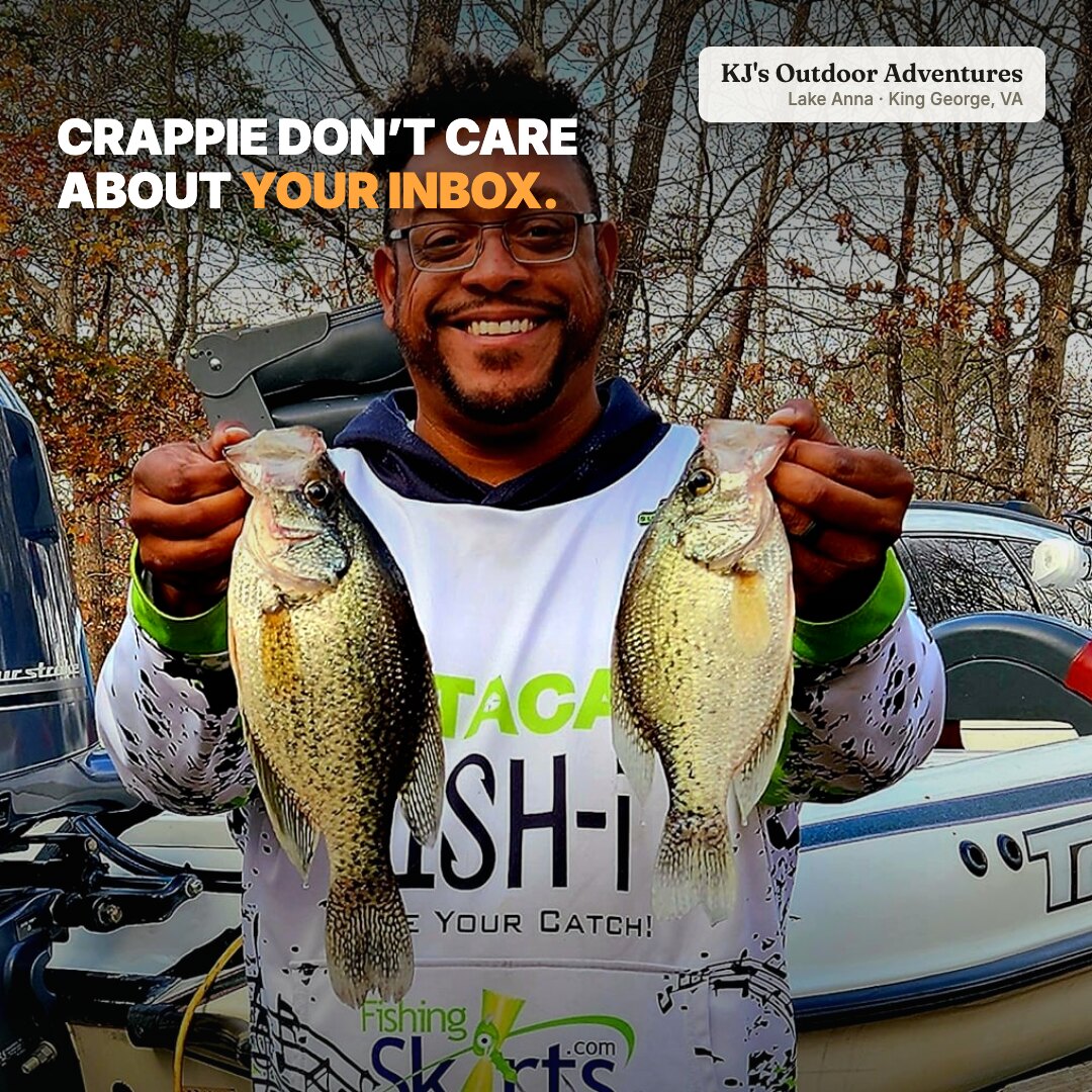 Ad: smiling angler with two crappie, hook bass don't care about your inbox (square version)