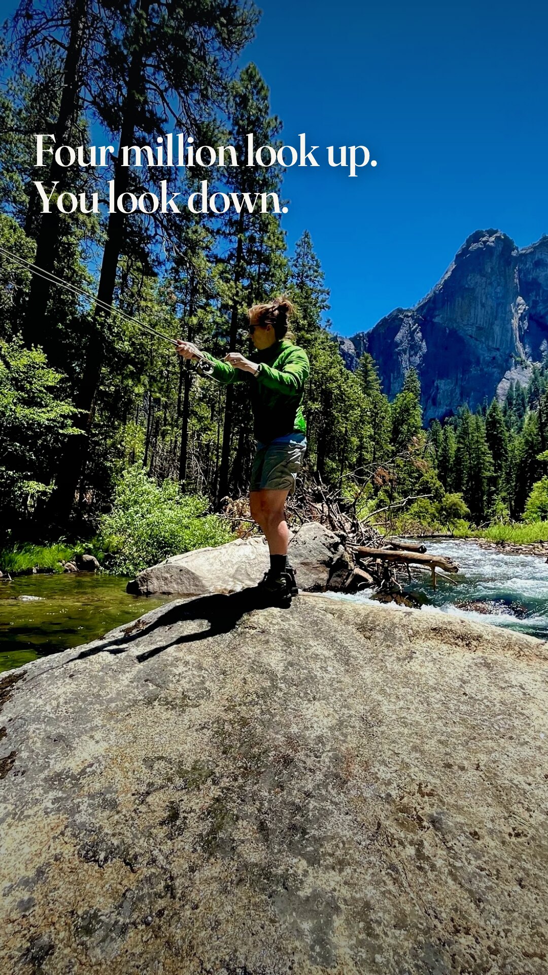 Ad: angler on a granite boulder in Yosemite country, hook four million look up you look down (vertical version)