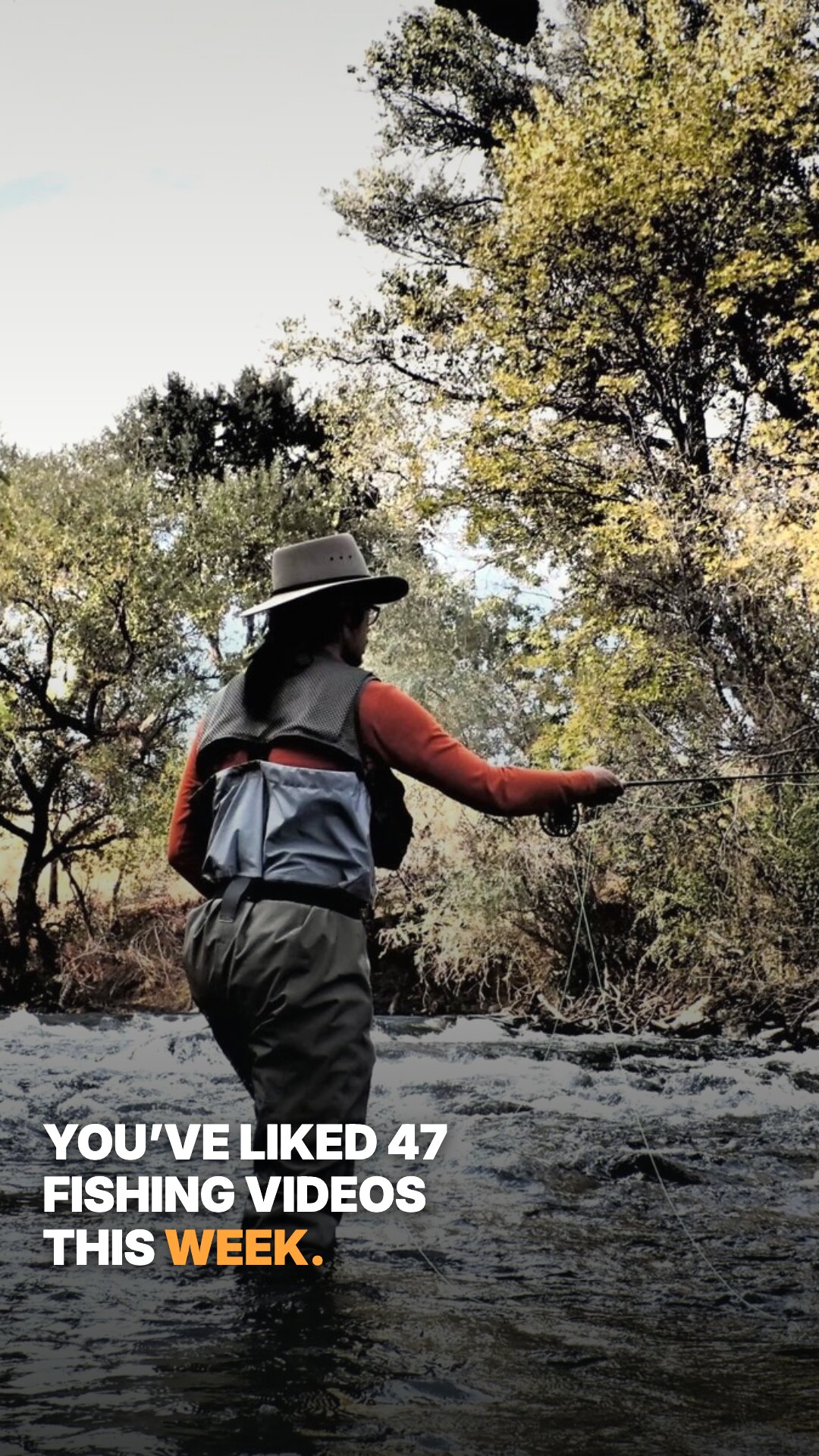 Ad: angler casting on the Yuba with the hook you've liked 47 fishing videos this week (vertical version)