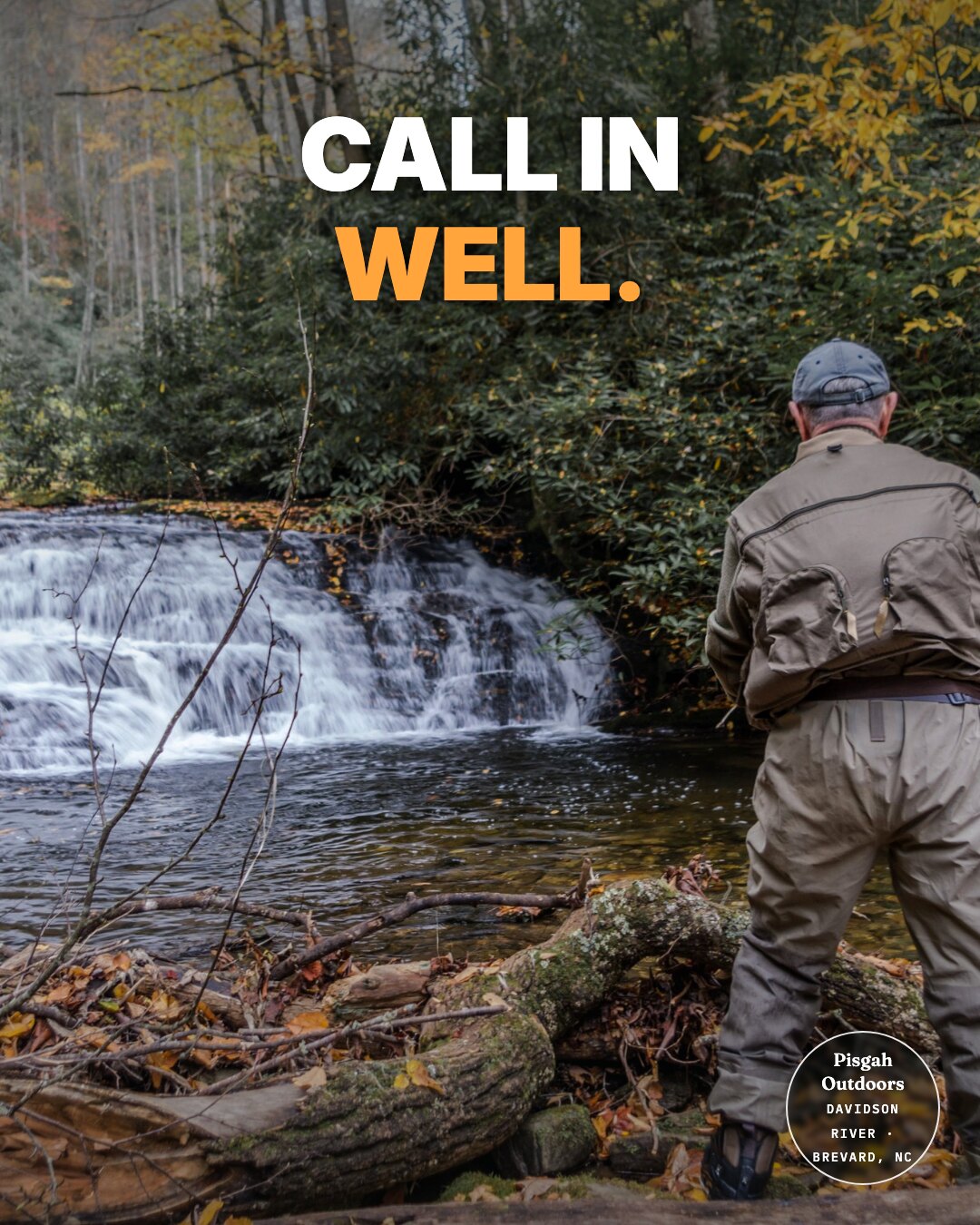 Ad: angler below a waterfall, hook call in well