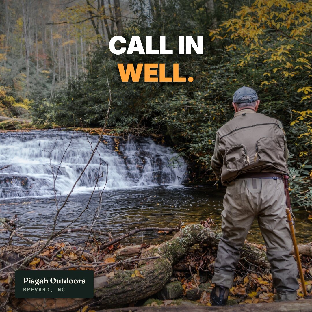 Ad: angler below a waterfall, hook call in well (square version)