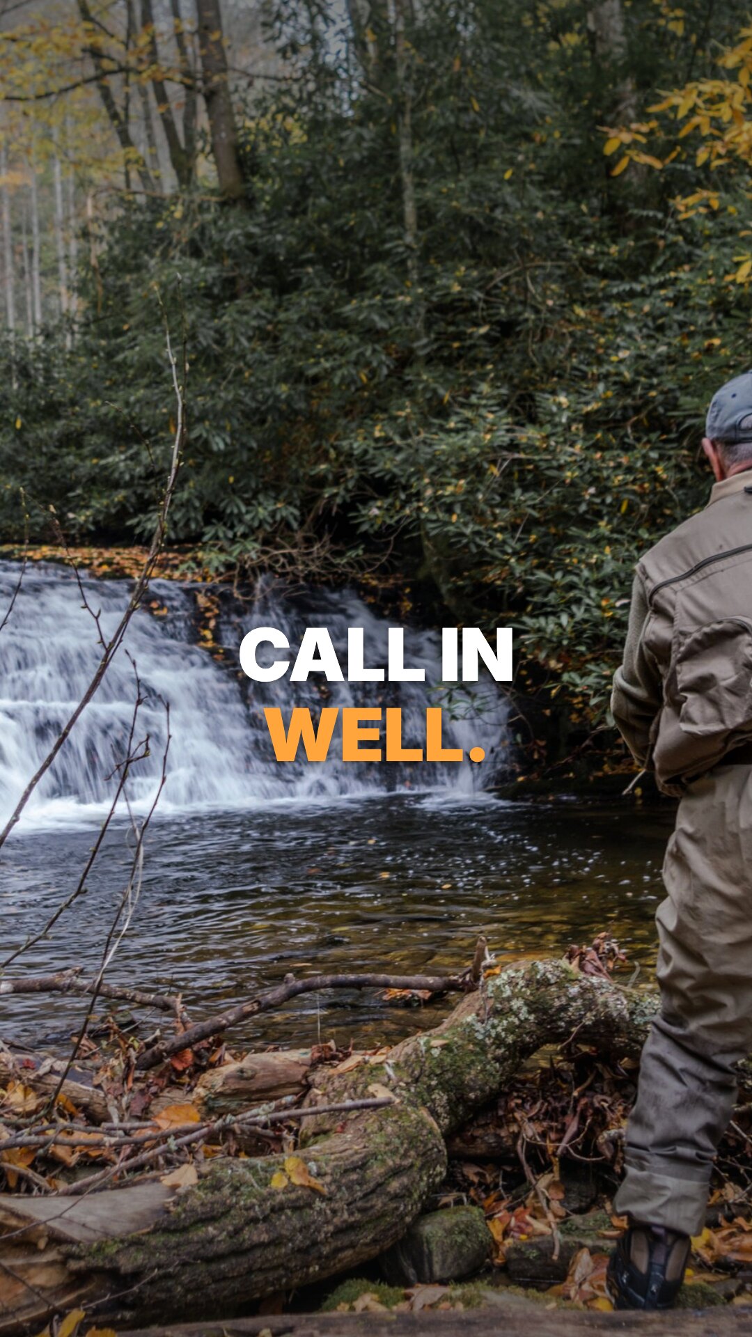 Ad: angler below a waterfall, hook call in well (vertical version)