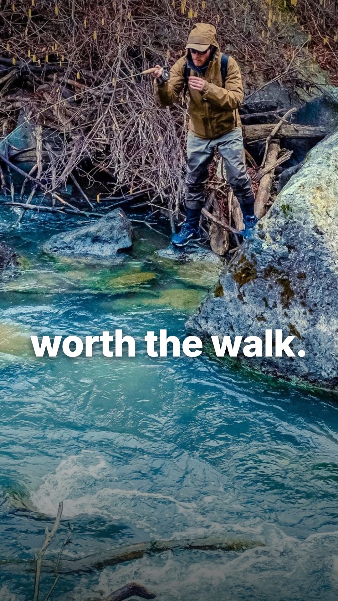 Story ad: hiker-angler by a waterfall, hook worth the walk