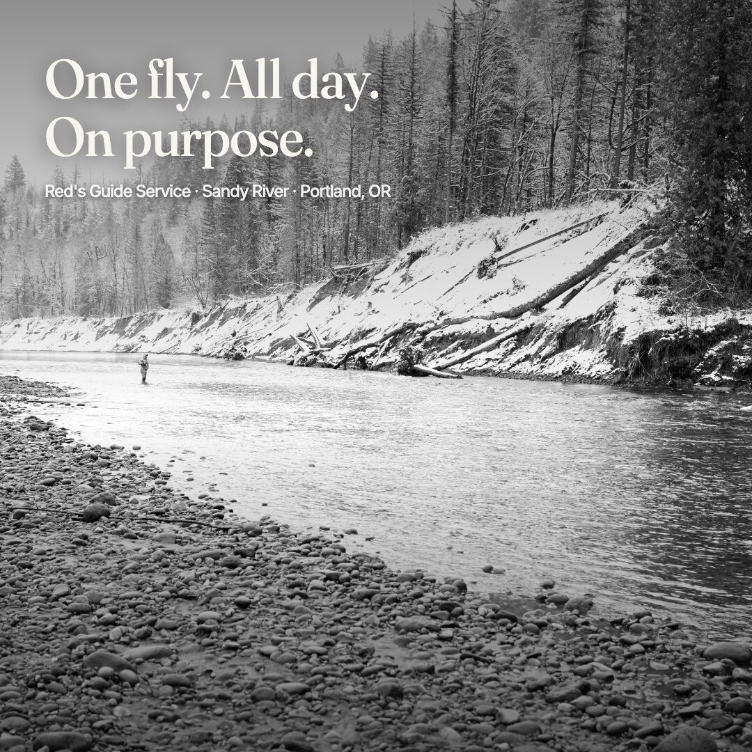 Ad: black and white winter river, hook one fly all day on purpose (square version)