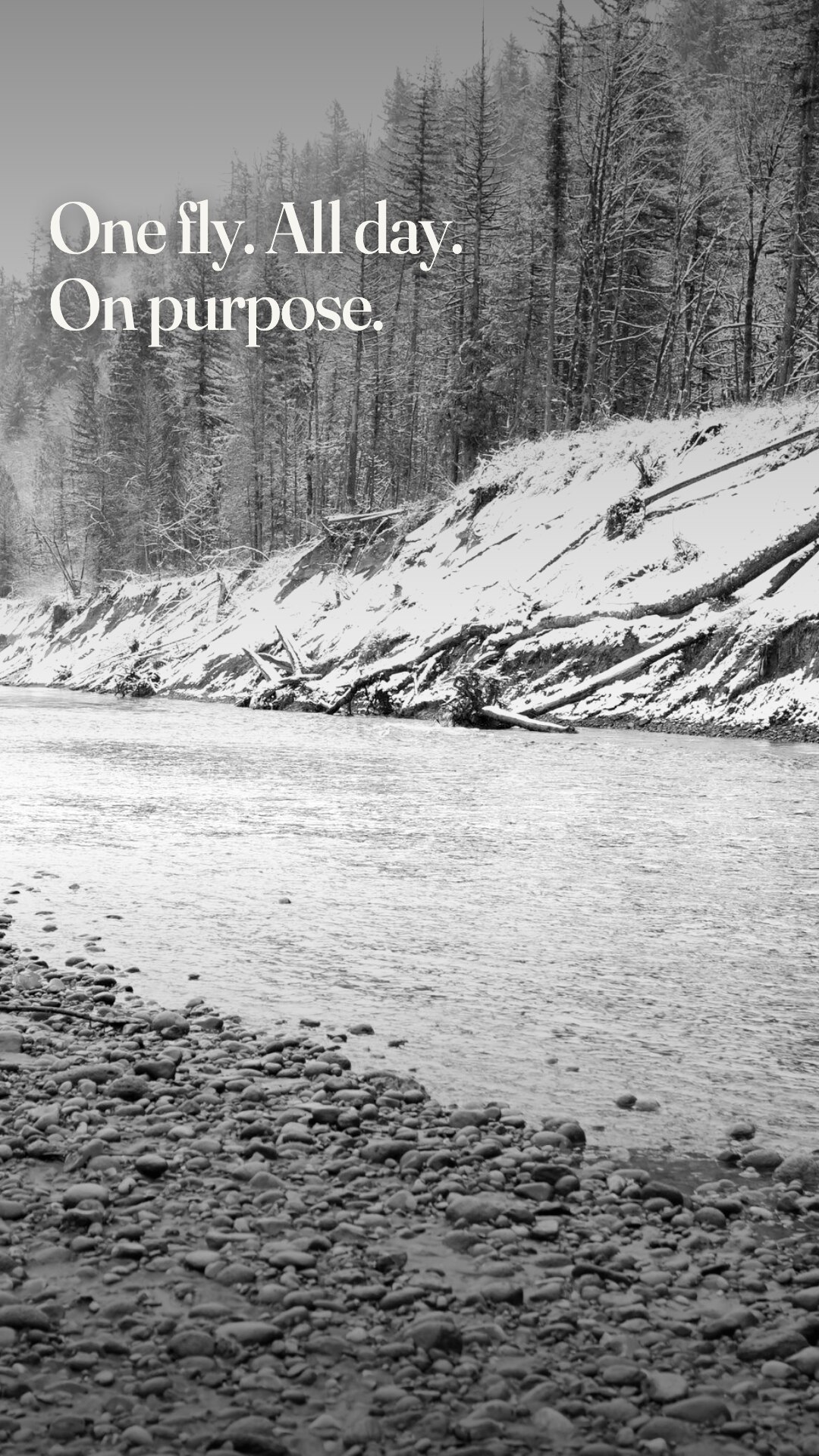 Ad: black and white winter river, hook one fly all day on purpose (vertical version)