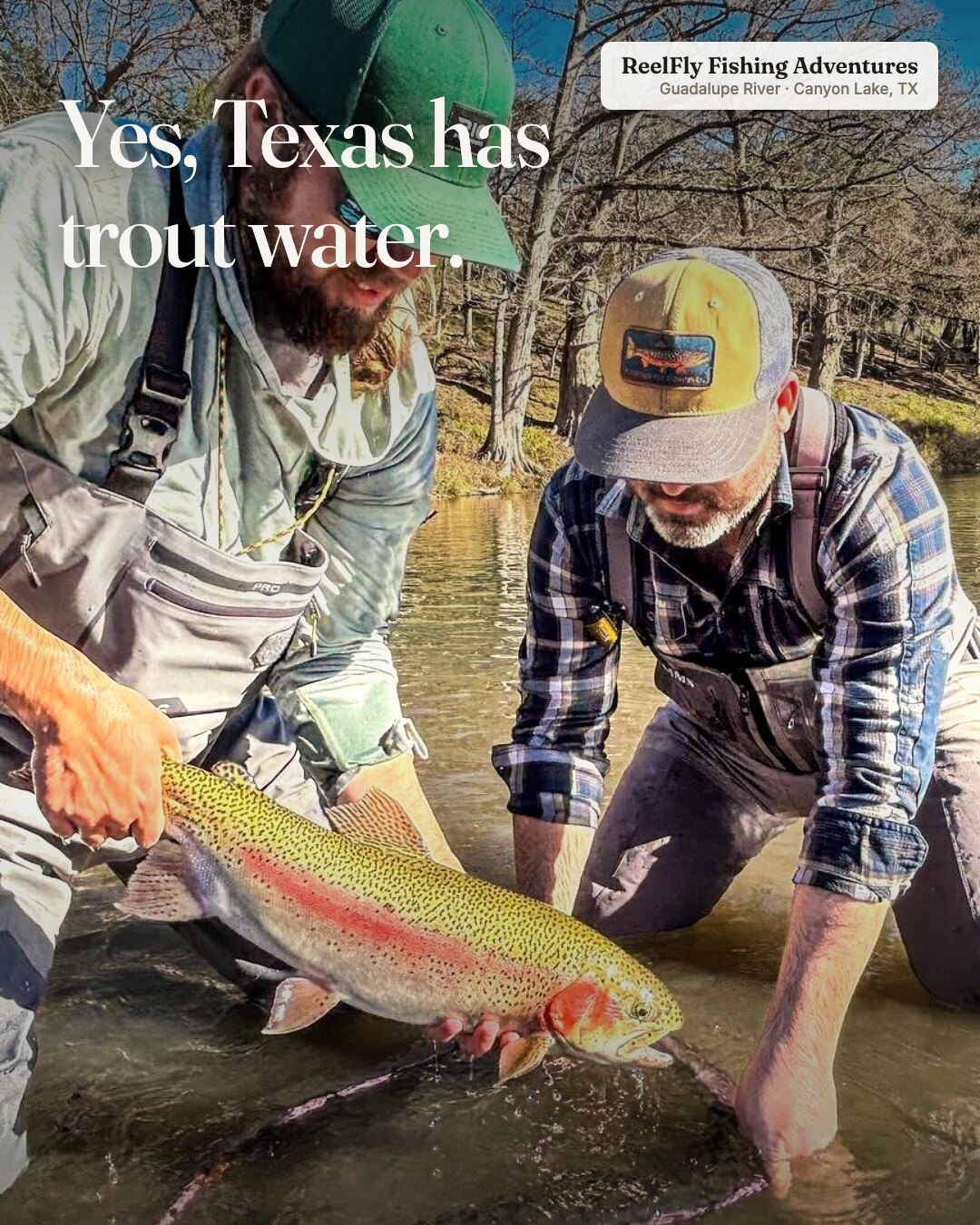 Ad: guides releasing a rainbow on the Guadalupe, hook yes Texas has trout water