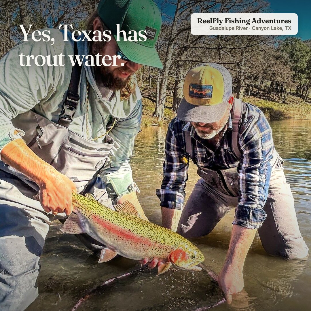 Ad: guides releasing a rainbow on the Guadalupe, hook yes Texas has trout water (square version)