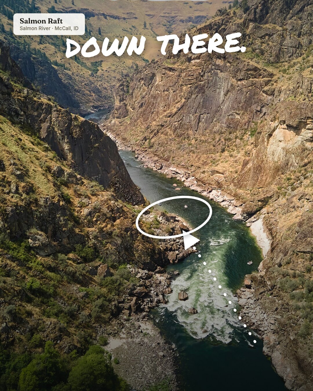 Ad: aerial canyon river with drawn circle on the rafts, hook down there