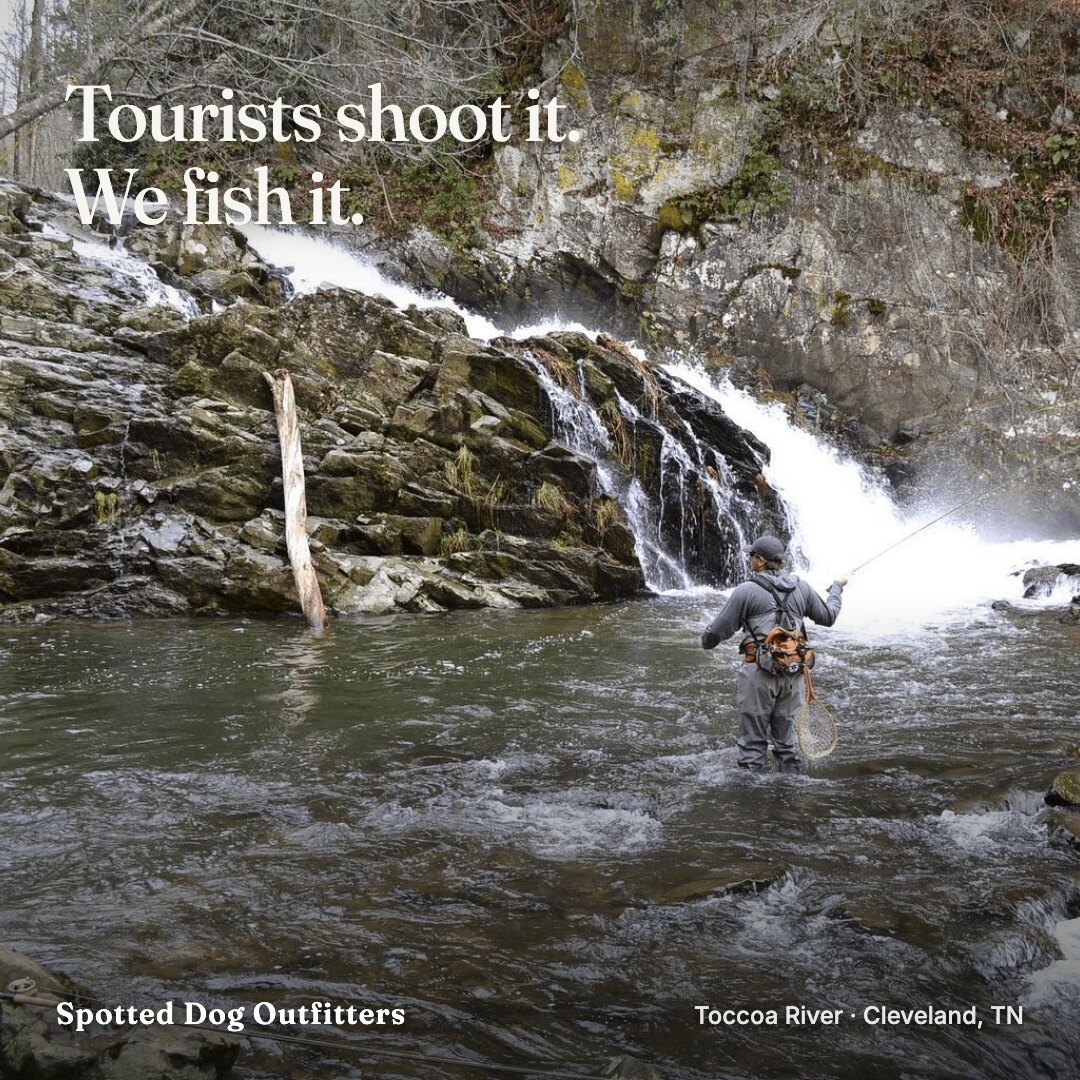 Ad: angler fishing below a waterfall, hook tourists shoot it we fish it (square version)