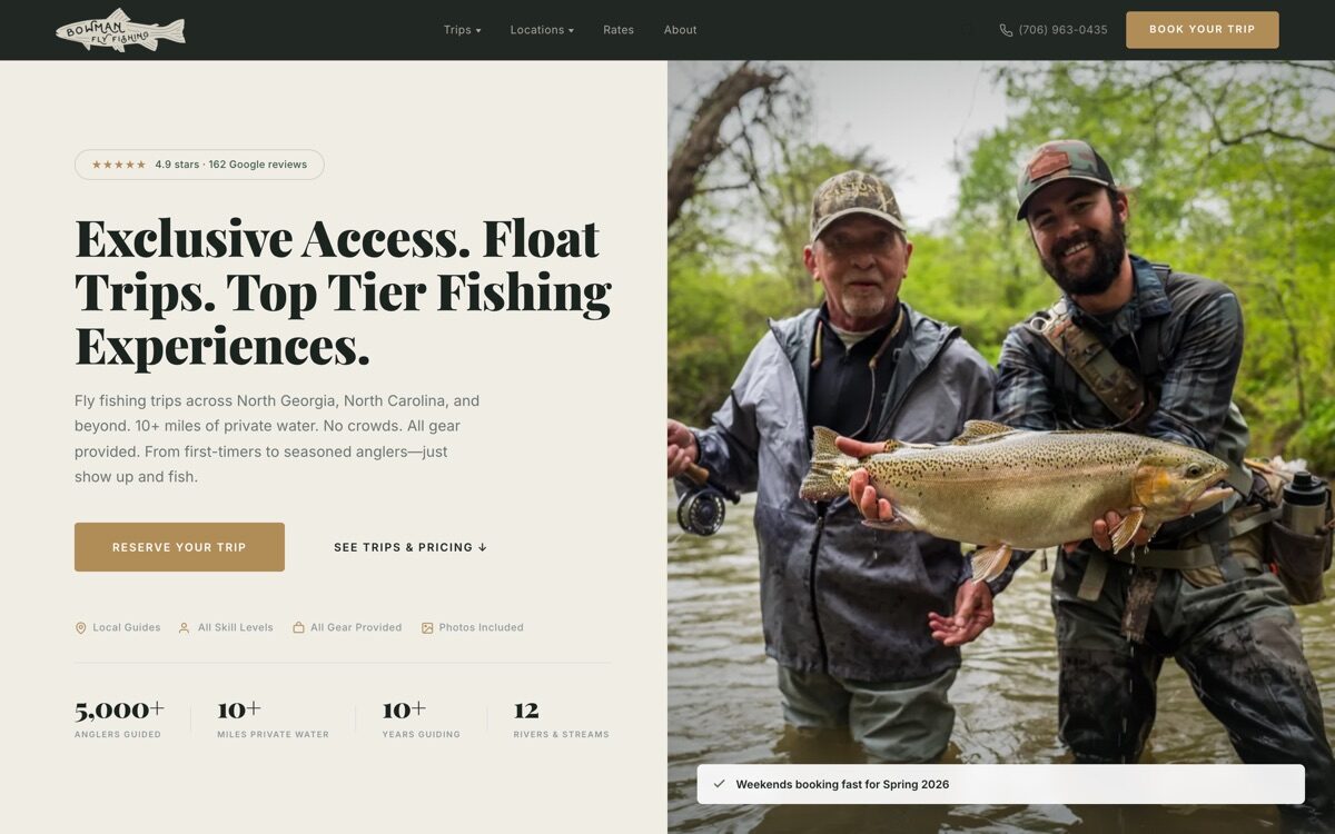 The Bowman Fly Fishing booking website shown on screen