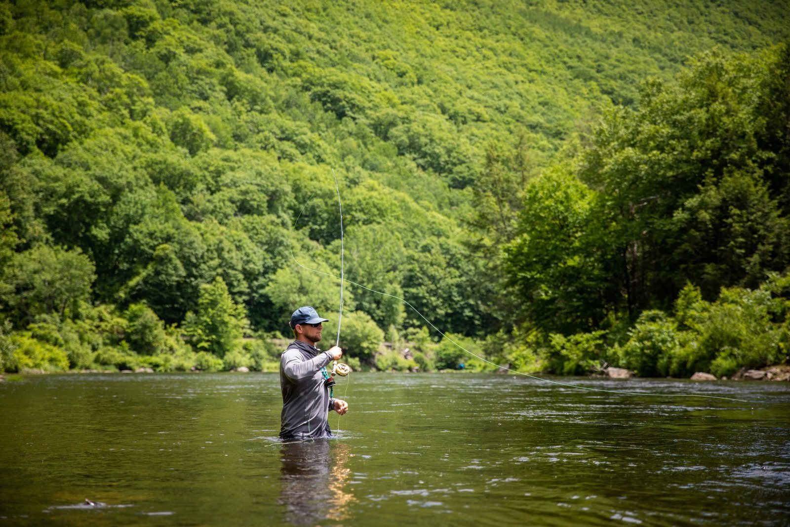 An angler casting midstream in a lush green river valley