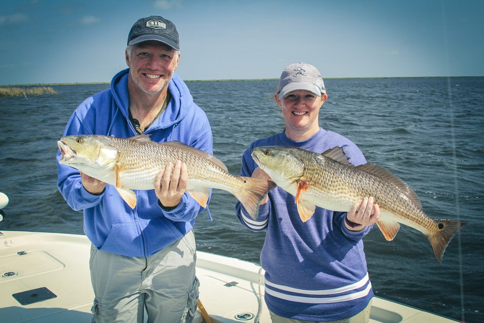 A working guide boat on open water, photographed by Louisiana Fishing Charters in LA