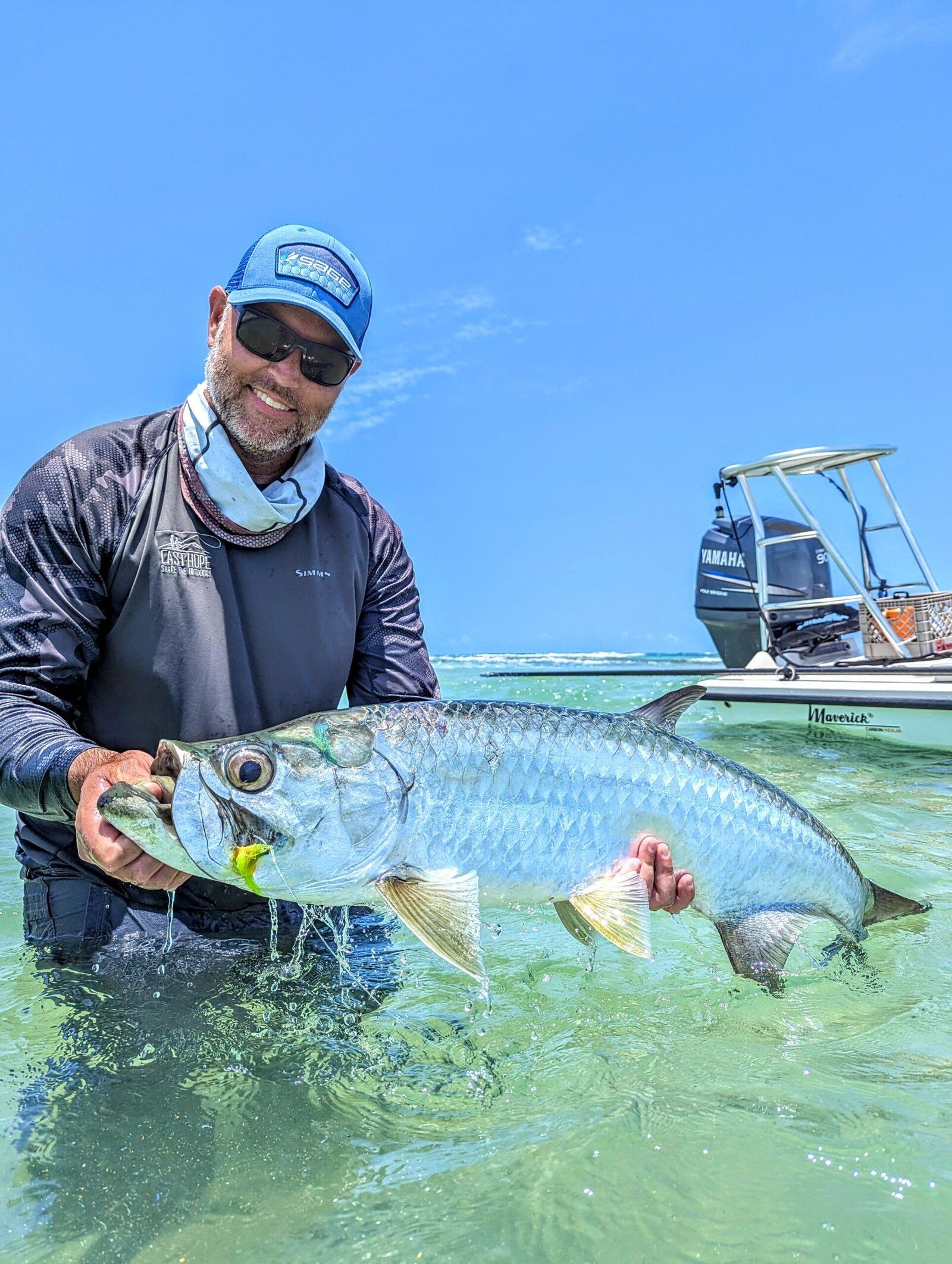 A guide working with a client on the water, photographed by RJ's Fly Trips in CA